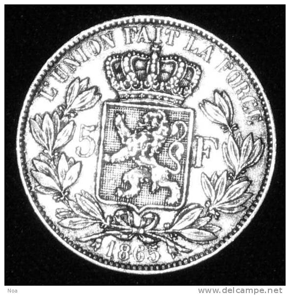 5 Francs - Belgique, Roi Léopold I, 1865  Argent 900, Qualité - SUP - 5 Francs