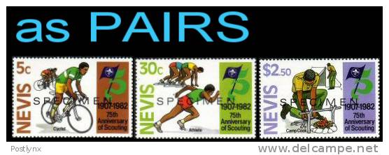 CV:&#8364;29.23 , NEVIS 1982, Scouting Sports Ovpt.SPECIMEN PAIRS:3 (6 Stamps)    [muestra,Muster,spécimen,saggio] - St.Kitts-et-Nevis ( 1983-...)