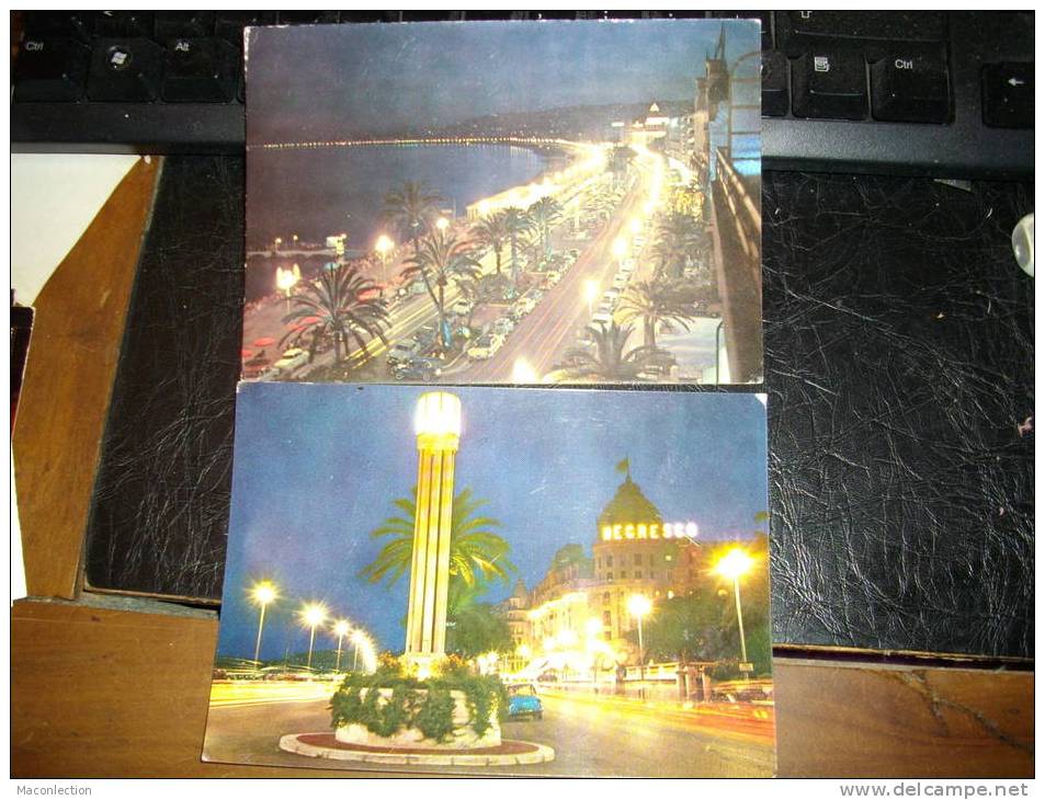 2 Cartes De Nice La Nuit : Promenade Des Anglais Et L Hotel Negresco - Lots, Séries, Collections