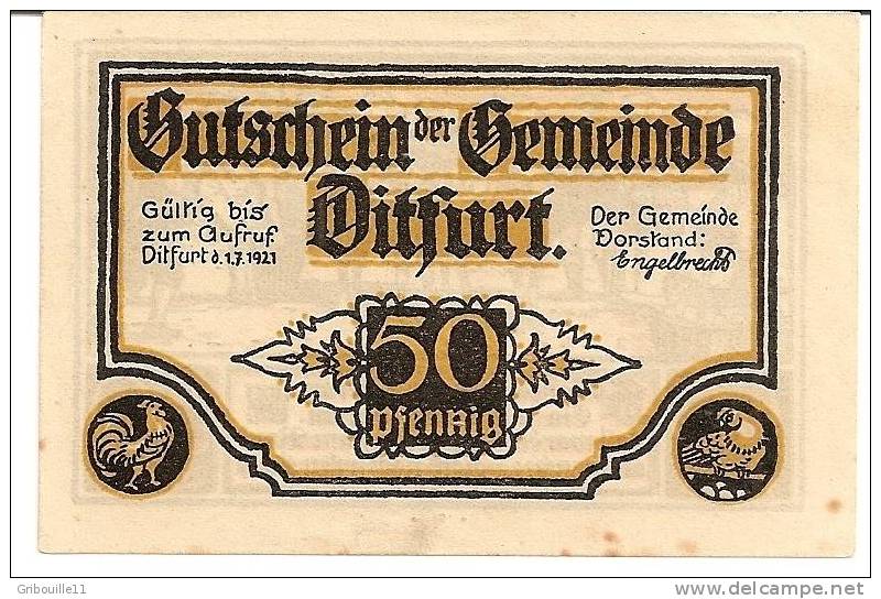 DITFURT  -   ** 50 Pfennig Gutschein Der Gemeinde ** (gültig Bis Zum Aufruf - Ditfurt Den 01 07 1921 - Other & Unclassified