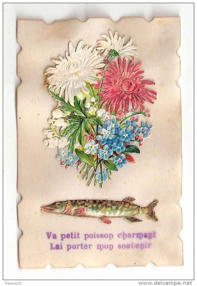 C13 CARTE EN CELLULOID Fleurs Poisson "va Petit Poisson Lui Porter Mon Souvenir" - Autres & Non Classés