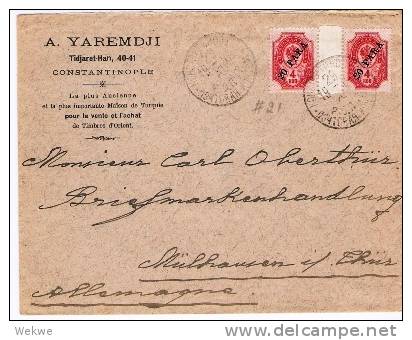 Rle002/  RUSS. LEVANT -  Brief, 20 Para Auf 4 Kopeken. Paar Mit Zwischensteg 1907, Nach Deutschland - Turkish Empire