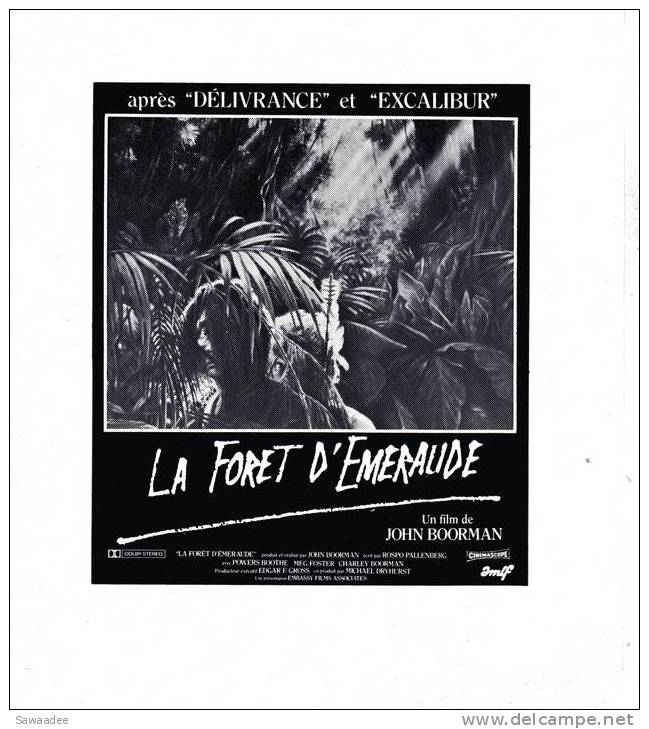 PAVE DE PRESSE - FILM LA FORET D´EMERAUDE DE JOHN BOORMAN - Other & Unclassified