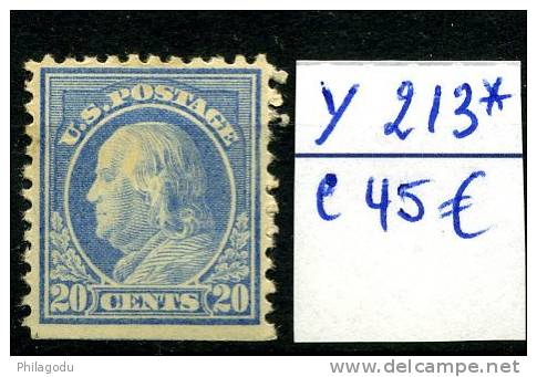 213* Yv. Sans Filigranne Dent 11 Avec Charnière     20c Franklin MH  Sc.515 No Wmk Perf 11  Mint Hinged  Cv 42,50$ - Ungebraucht