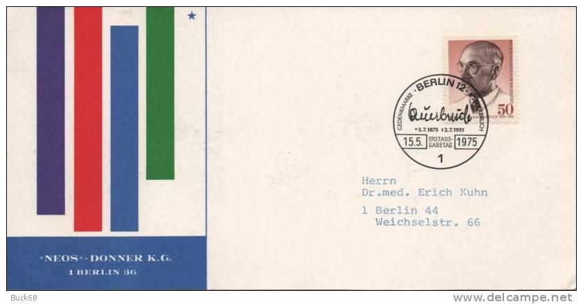 ALLEMAGNE BERLIN GERMANY 456 FDc Premier Jour 15 Mai 1975 : Médecin Chirurgien Ferdinand SAUERBUCH - 1971-1980