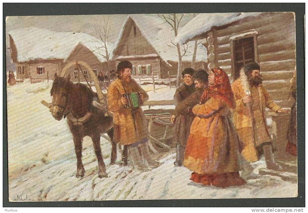 RUSSIA RUSSIAN TYPES, HOLIDAYS, KHARMOSHKA HARMONIC PLAYER, HORSE, BY LVOFF, GRANBERG EDITION VINTAGE POSTCARD - Musique