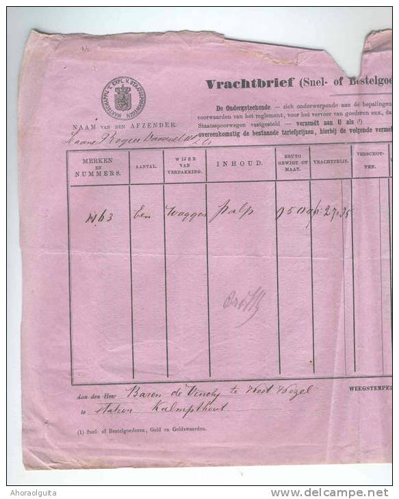 906/27 -- Lettre De Voiture Staatsspoor NL BERGEN OP ZOOM Vers Cachet Privé De Gare CALMPTHOUT 1872 - RARISSIME - Nord Belge