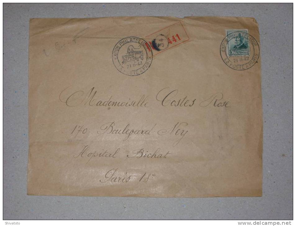 (347) Old Registered Front Of Cover From Paris(France-11/21/1942)to City-Philatelic Exhibition 1942 - Temporary Postmarks