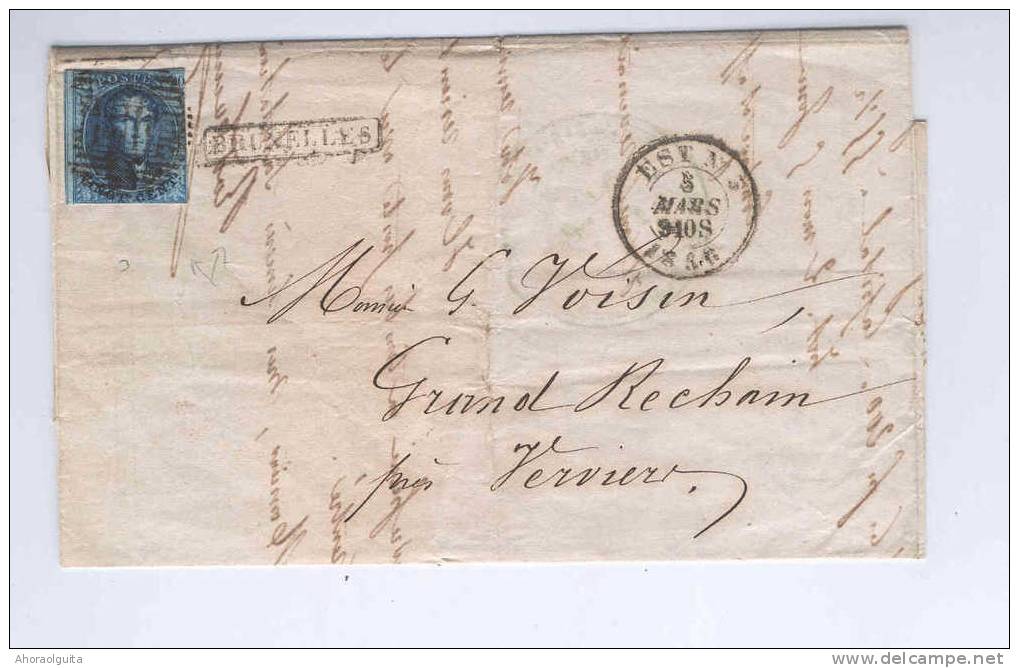 Lettre TP Médaillon 20 C Oblitération Barres EIII - Double Cercle EST No 3 1856 - Griffe Encadrée BRUXELLES  --  9/309 - Bahnpoststempel