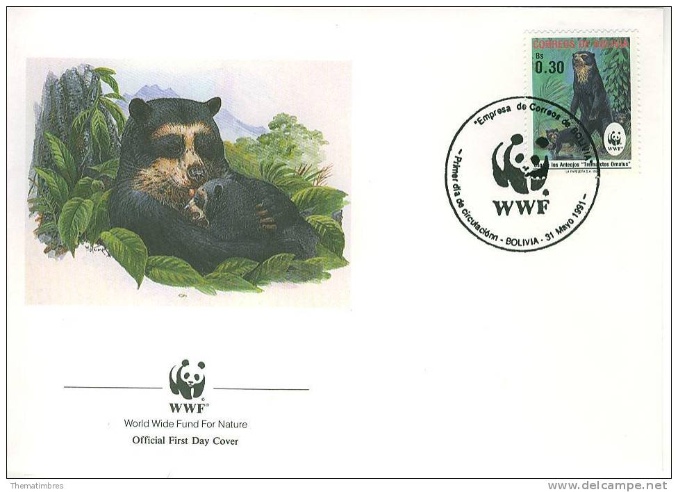 W0876 Ours à Lunettes Tremarctos Ornartus Bolivie 1991 Premier Jour FDC WWF - Ours