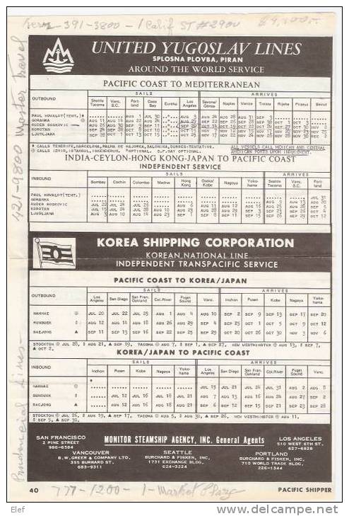 Feuille Horaires Bateaux : Yugoslav Lines, Korea Shipping, Japan Lines, India, Hong-Kong ...July 17,1972 - Wereld