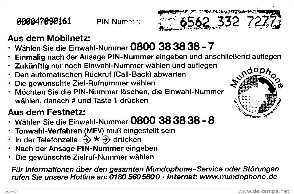 TELECARTE MUNDOPHONE CARD 25 DM - GSM, Voorafbetaald & Herlaadbare Kaarten