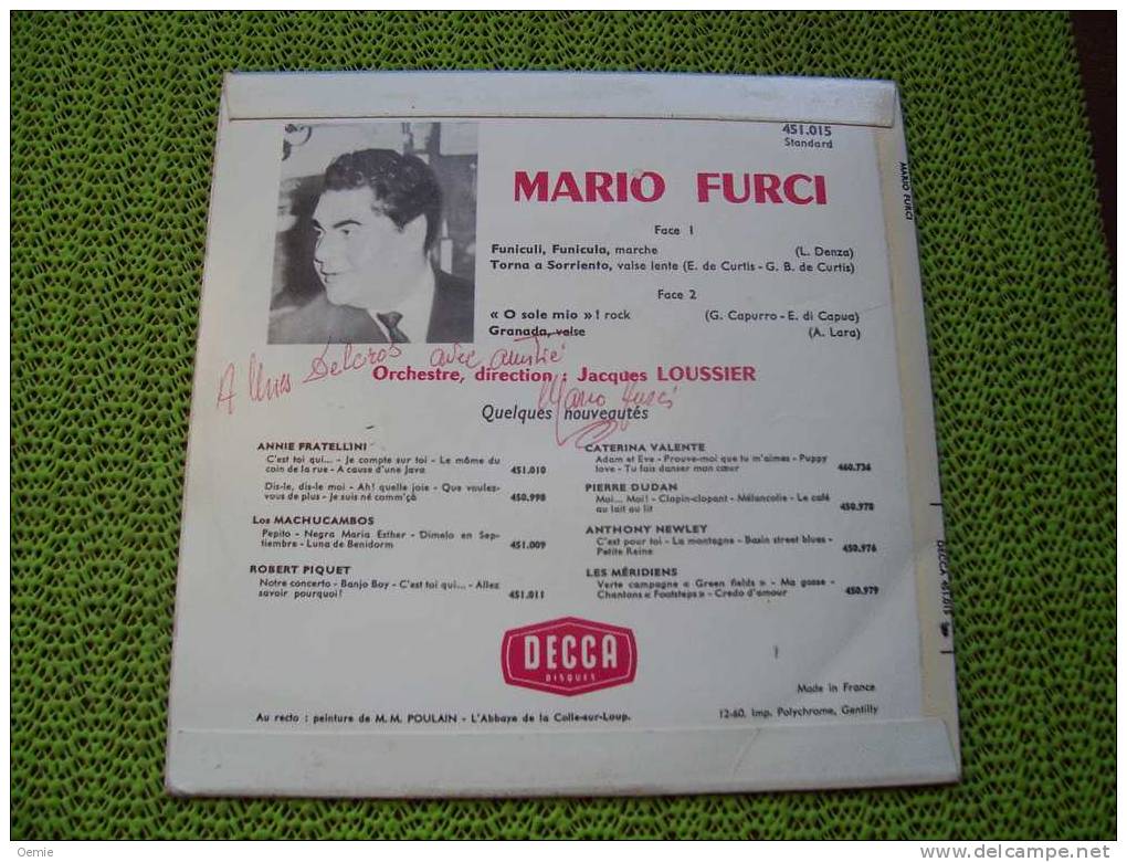 MARIO FURCI  / FUNICULL FUNICULA /  TORNA A SORRIENTO  / O SOL MIO / GRANADA - Autres - Musique Italienne