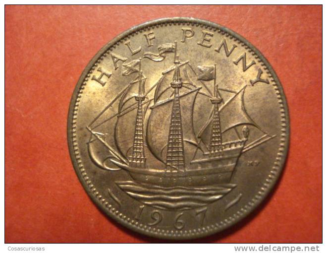 720  UNITED KINGDOM  UK GRAN BRETAÑA HALF PENNY  SHIP BARCO      AÑO / YEAR  1967  UNCIRCULATED - C. 1/2 Penny