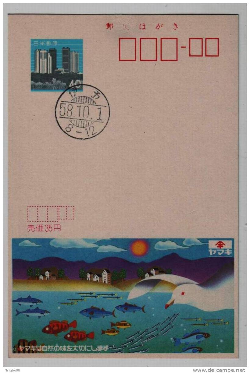 Fish,seagull Bird,Japan 1983 Local Sea Food Store Advertising Pre-stamped Card - Gabbiani