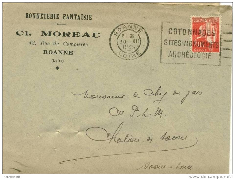 Paix 283 Sur Lettre Des Ets Moreau à Roanne (Loire) , Pour Chalon-sur-Saône + Flamme - 1932-39 Peace