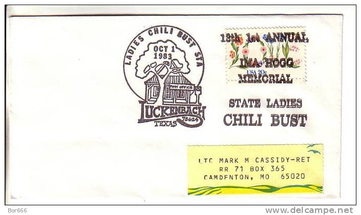 USA Special Cancel Cover 1983 - 13th 1st Annual IMA Hogg Memorial / State Ladies Chili Bust - Luckenbach - Omslagen Van Evenementen