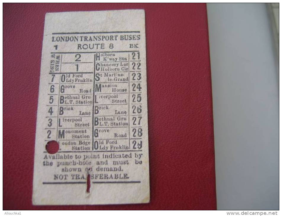 ANCIEN TICKET AUTOBUS LONDON TRANSPORT BUSES AVAILLABLE TO POINT INDICATED BY THE PUNCH-HOLE AND MUST BE SHOWN ON DEMAND - Europe