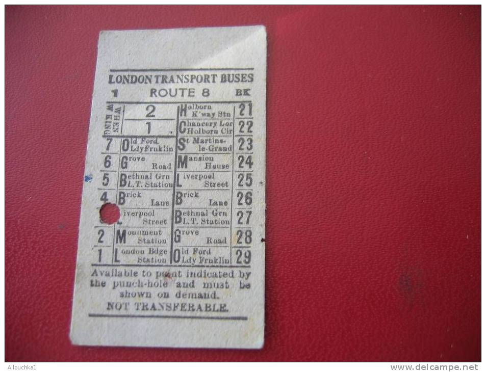 ANCIEN TICKET AUTOBUS LONDON TRANSPORT BUSES AVAILLABLE TO POINT INDICATED BY THE PUNCH-HOLE AND MUST BE SHOWN ON DEMAND - Europe