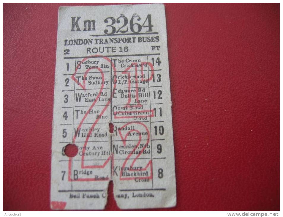 ANCIEN TICKET DE BUS LONDON TRANSPORT BUSES AVAILLABLE TO POINT INDICATED BY THE PUNCH-HOLE AND MUST BE SHOWN ON DEMAND- - Europa