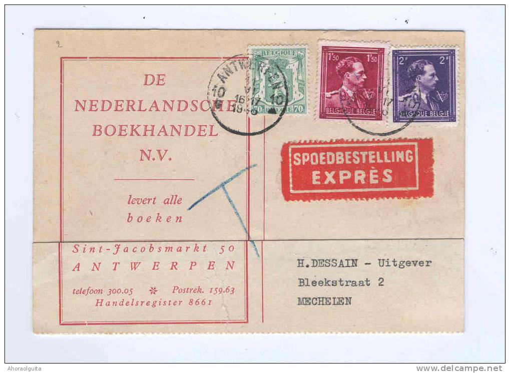 Carte Privée EXPRES - RARE Taxé - Col Ouvert  ANTWERPEN 1946 Vers MECHELEN - Tarif 4 F20 Au Lieu De 5 F 25 --  DT314 - 1936-1957 Collar Abierto