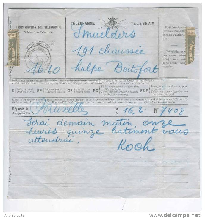 TELEGRAMME Cachet Télégraphique Octogonal Bilingue BOITSFORT 1911  --  B0/001 - Telegraphenmarken [TG]