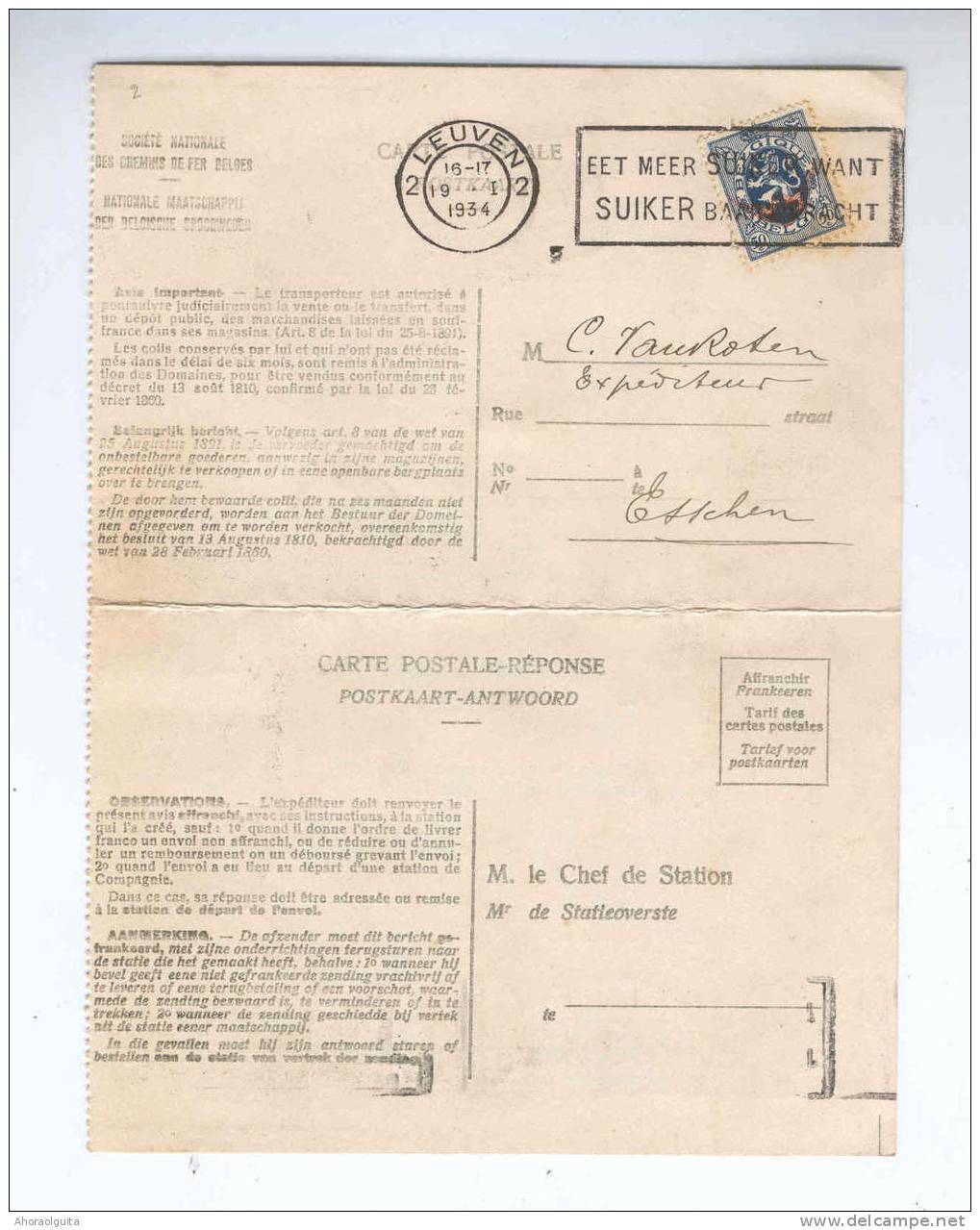 Carte Double Des Chemins De Fer TP SERVICE Lion Héraldique LEUVEN 1934 - Verso Cachet  Et Griffe De Gare   --  B0/013 - Autres & Non Classés