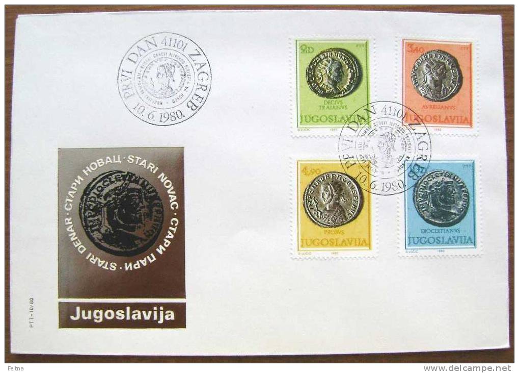 1980 YUGOSLAVIA FDC WITH OLD ROMAN COINS ON STAMPS - Monete