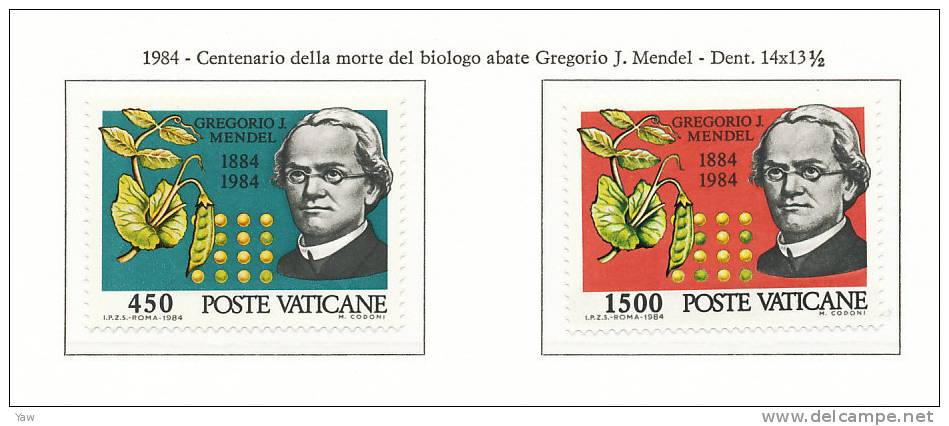 VATICANO 1984  CENTENARIO DELLA MORTE DELL´ABATE GREGORIO J. MENDEL, BIOLOGO 1822-84. SERIE COMPLETA MNH** - Andere & Zonder Classificatie