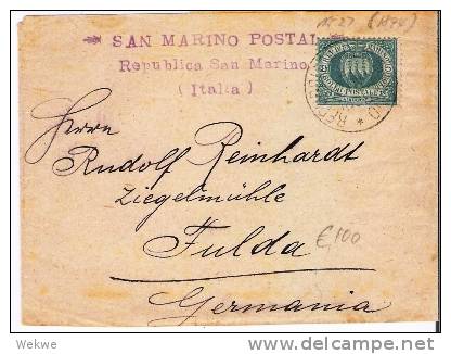 SM034/ SAN MARINO -    Mi. Nr. 27 Auf Streifband N. Deutschland 1894 - Ganzsachen