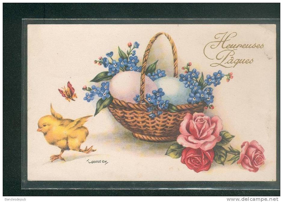 Jolie Carte Illustrée Signée Gougeon Pâques Poussin Panier Fleuri - Gougeon