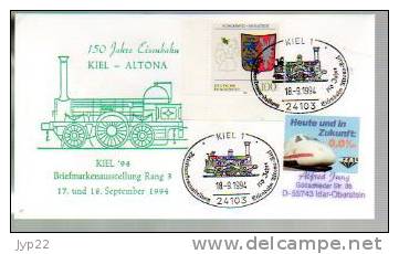 Jolie FDC 1er Jour 150 Jahre Eisenbahn Kiel Altona 18-09-1994 - Train Locomotive Chemin De Fer Rail - Tram