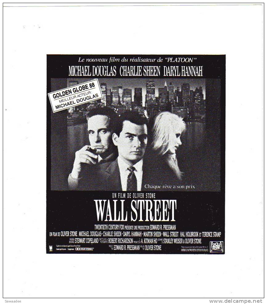 PAVE DE PRESSE - FILM WALL STREET DE OLIVER STONE AVEC MICHAEL DOUGLAS , CHARLIE SHEEN - GOLDEN GLOBE 1988 - Sonstige & Ohne Zuordnung