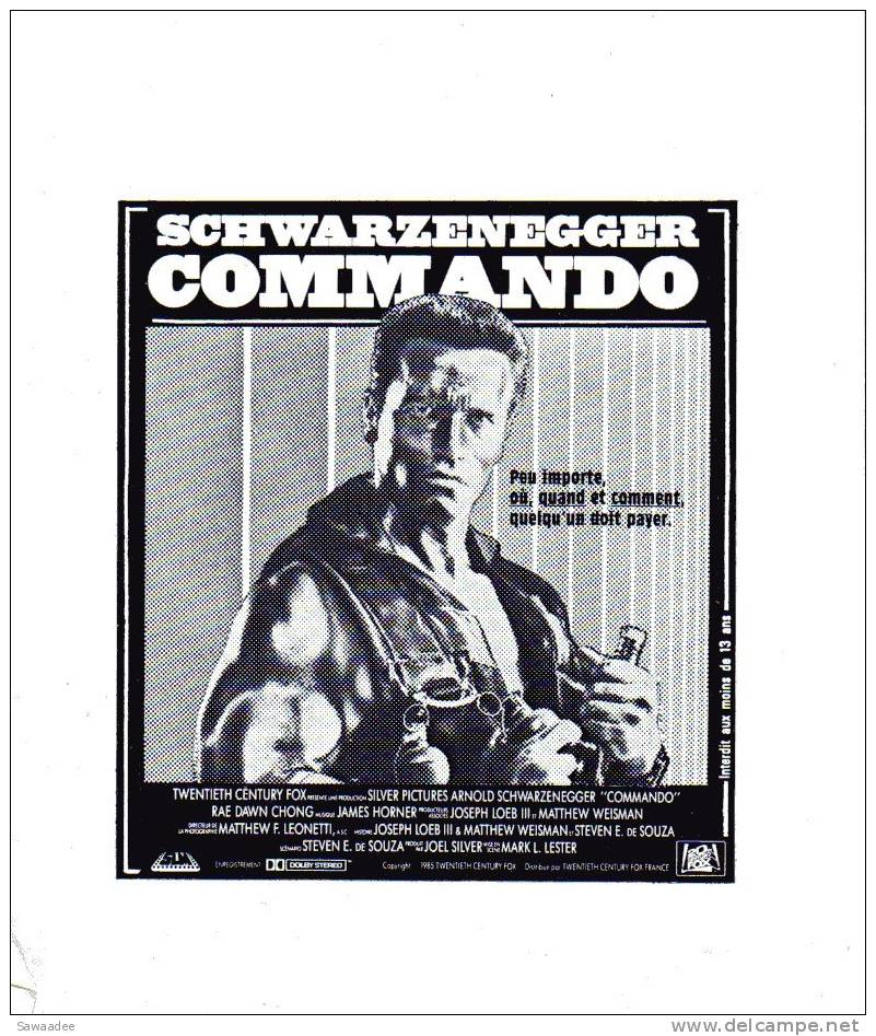 PAVE DE PRESSE - FILM COMMANDO AVEC ARNOLD SCHWARZENEGGER - Autres & Non Classés