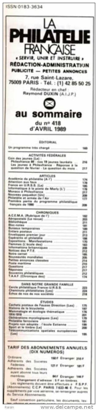 La Philatélie Française N°418 30 Avril 1989 Organe Officiel  TBE - Französisch (ab 1941)