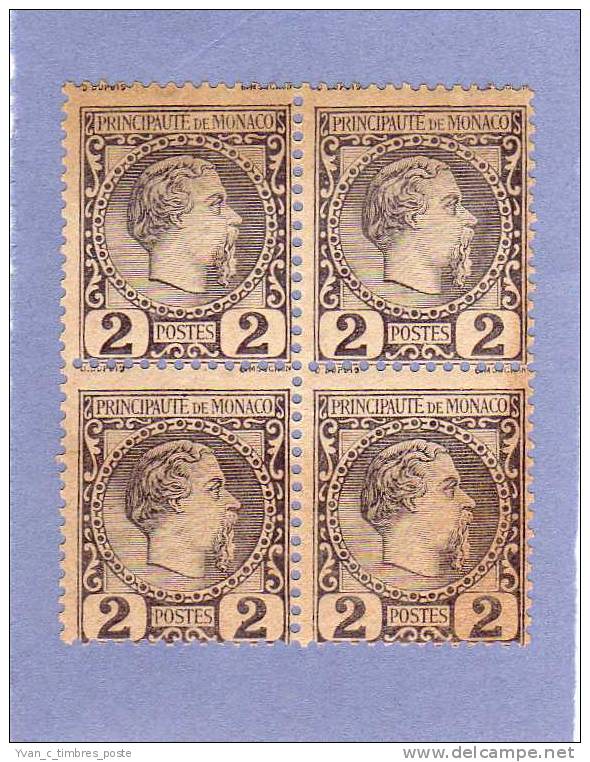 MONACO TIMBRE N° 2 NEUF PRINCE CHARLES III 2C VIOLET GRIS EN BLOC DE 4 - Nuevos