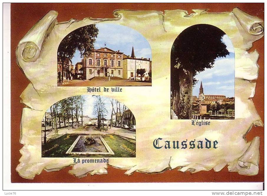 CAUSSADE -  3 Vues : Hôtel De Ville, L´Eglise, La Promenade   -  Fond Façon Parchemin - Caussade