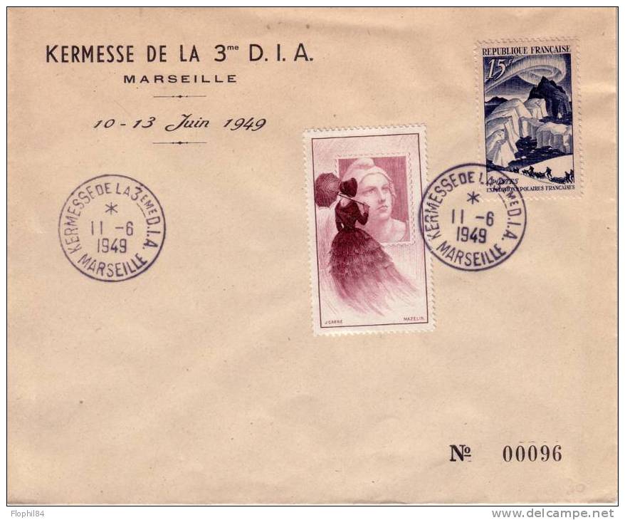 GANDON-VIGNETTE BRUNE-KERMESSE DE LA 3e DIA MARSEILLE 11-6-1949 - ENVELOPPE NUMEROTEE - Briefmarkenmessen
