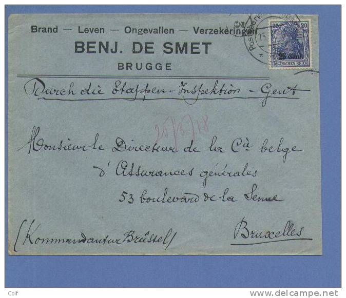 Lettre TPBZ31 Germania Cachet "Postuberwachungstelle 33 " - Entete "BRUGGE / BRUGES" (VK) - OC26/37 Territoire Des Etapes