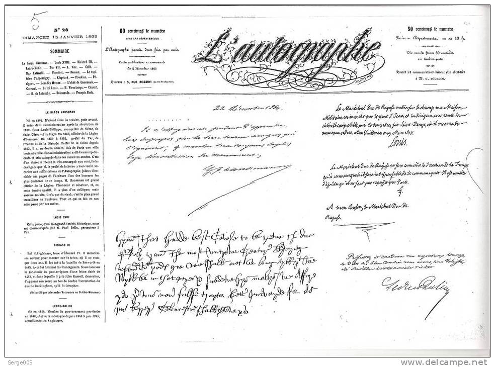 L´AUTOGRAPHE   JOURNAL  DU  15   JANVIER   1865  No  28 - Journaux Anciens - Avant 1800