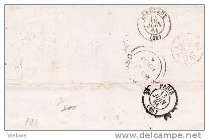 BD089/ Valparaiso (rot) B.P.O.1861 (schwarz) Nach Bordeaux, Franz. Taxvermerk - Storia Postale
