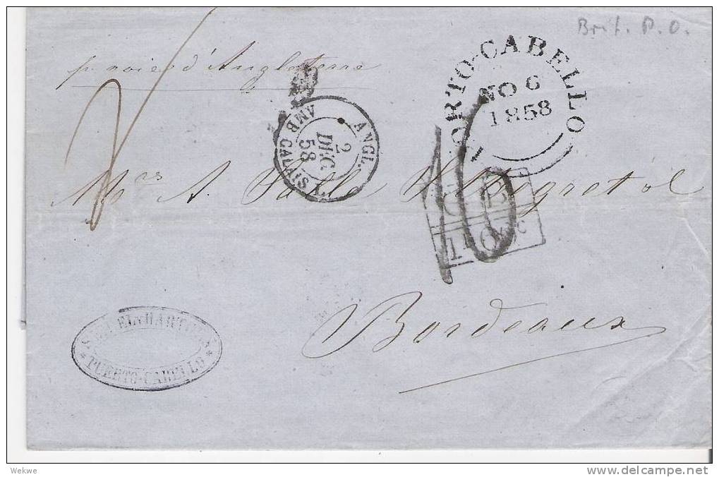 BD095/ B.P.O. Porto Cabello (Venezuela)  1858 Nach Bordeaux, Franz. Taxe 16 C. - Lettres & Documents