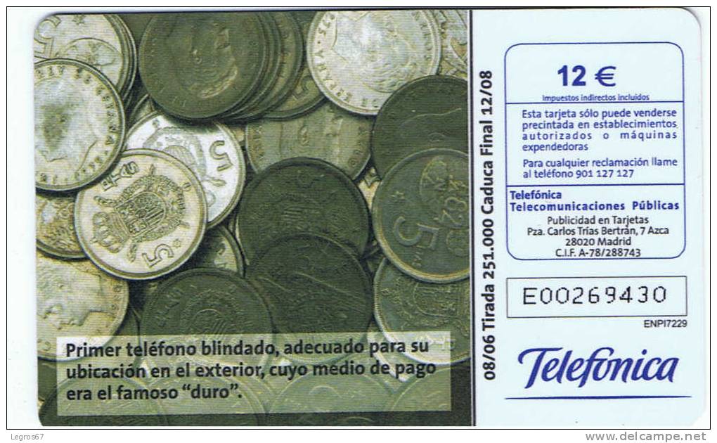 TELECARTE  ESPAGNE TELEFONICA  12 € TELEFONO DE "DUROS" - Telefonica