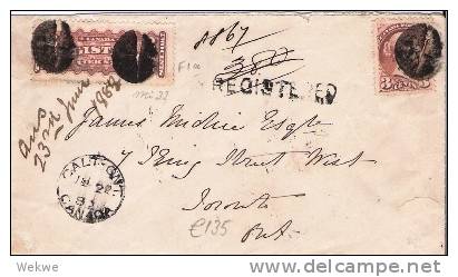 C-V007b/  KANADA -.  Nice Registered  Letter, Calt, Ontario 1882, 3 Cent Victoria + F 1 A - Briefe U. Dokumente