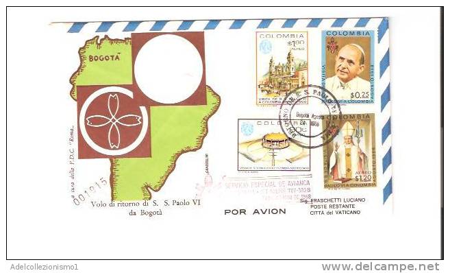 12009)lettera F.d.c Vaticane Viaggio Ss. Paolo VI A Bogota Con 1.80$+0.25$ +0.80$ + 1.20 $ Del 24-8-1968 - Lettres & Documents