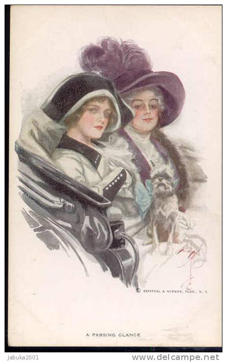 #10 SIGNED HARRISON FISHER NO 609 WOMEN & DOG A PASSING GLANCE OLD POSTCARD - Fisher, Harrison