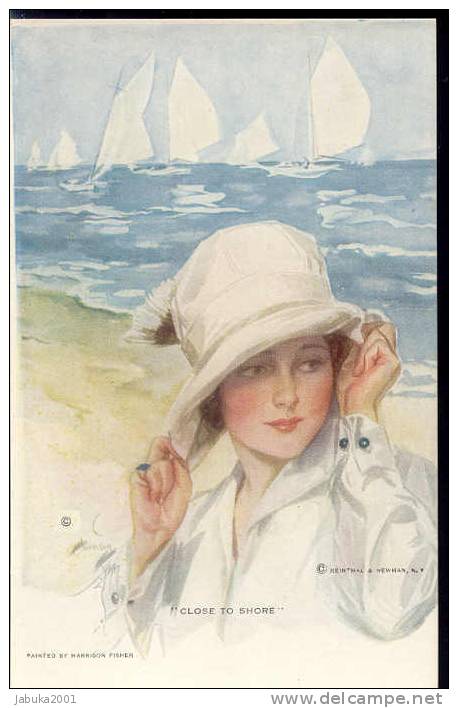 #08 SIGNED HARRISON FISHER NO 764 WOMAN CLOSE TO SHORE OLD POSTCARD - Fisher, Harrison