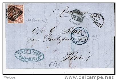 Spk068/- SPANIEN - Hispaña E 107 Braun Mit Noel 145 (blau) Le Perthus 1872 - Lettres & Documents