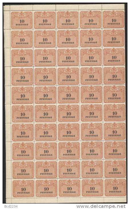 GERMANY SAXONY 1895 10 M REVENUE FULL SHEET OF 100 NHM - PERF 13.75 WMK WAVY LINE DESCENDING - Saxony