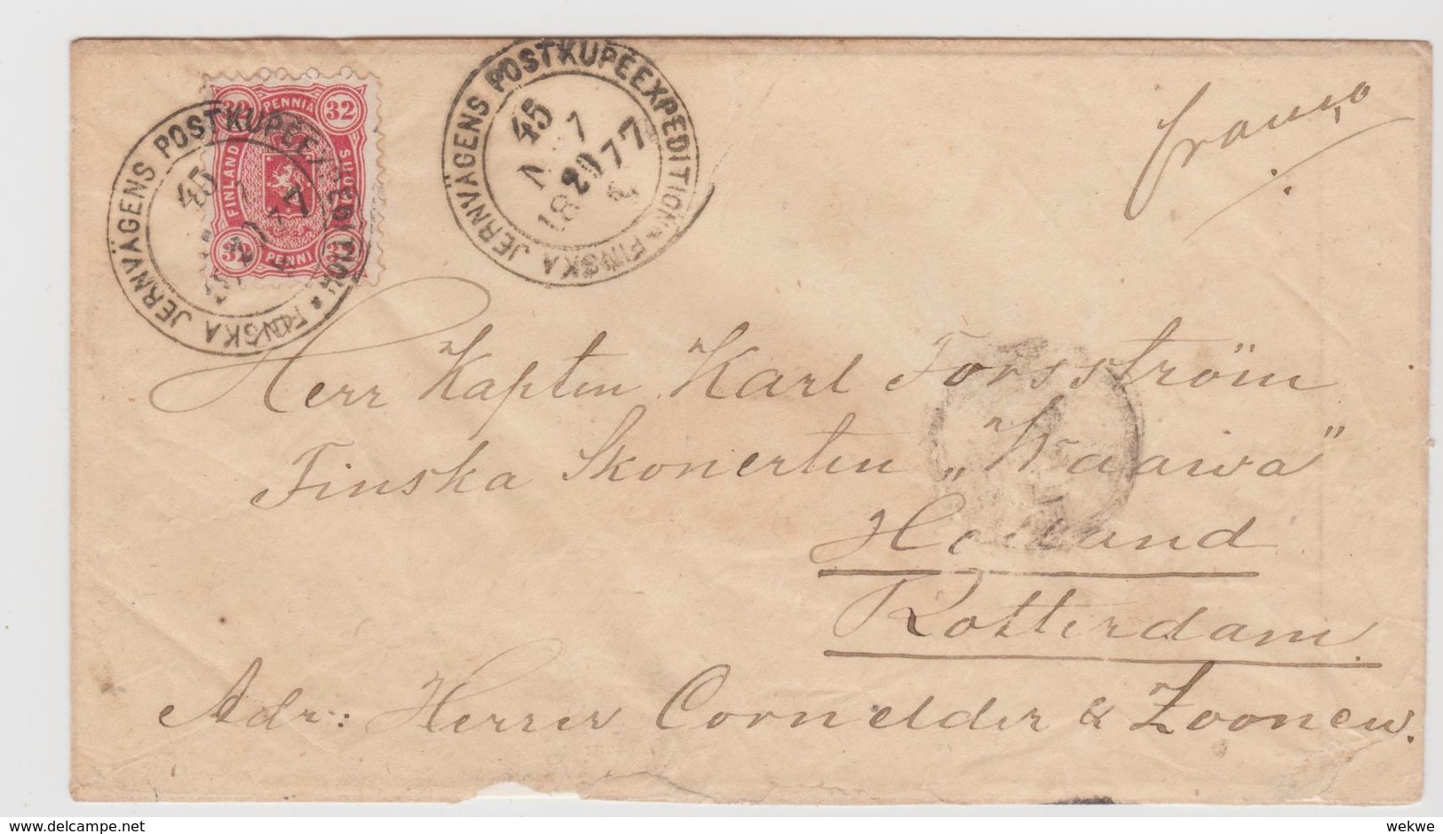 Fs015 FINNLAND - / Jernvägens 45, 1877, Nach Holland Mit 32 Pennia - Storia Postale